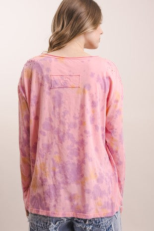 Flower Robin Print Tie Dye Long Sleeve Top