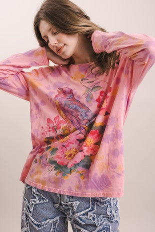 Flower Robin Print Tie Dye Long Sleeve Top