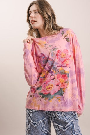 Flower Robin Print Tie Dye Long Sleeve Top