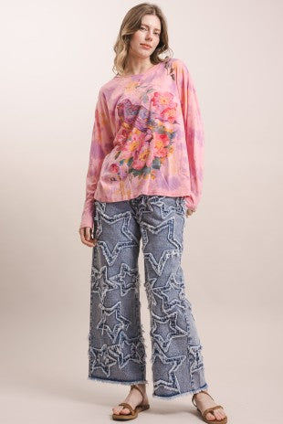 Flower Robin Print Tie Dye Long Sleeve Top