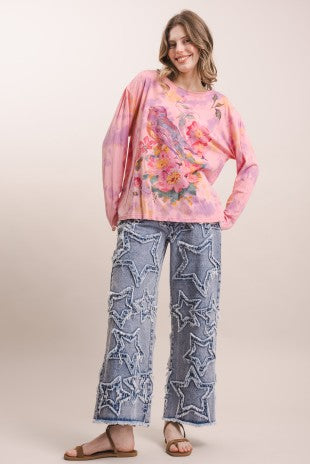 Flower Robin Print Tie Dye Long Sleeve Top