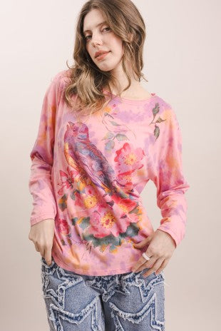 Flower Robin Print Tie Dye Long Sleeve Top