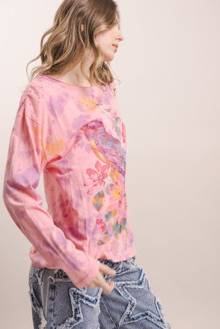 Flower Robin Print Tie Dye Long Sleeve Top