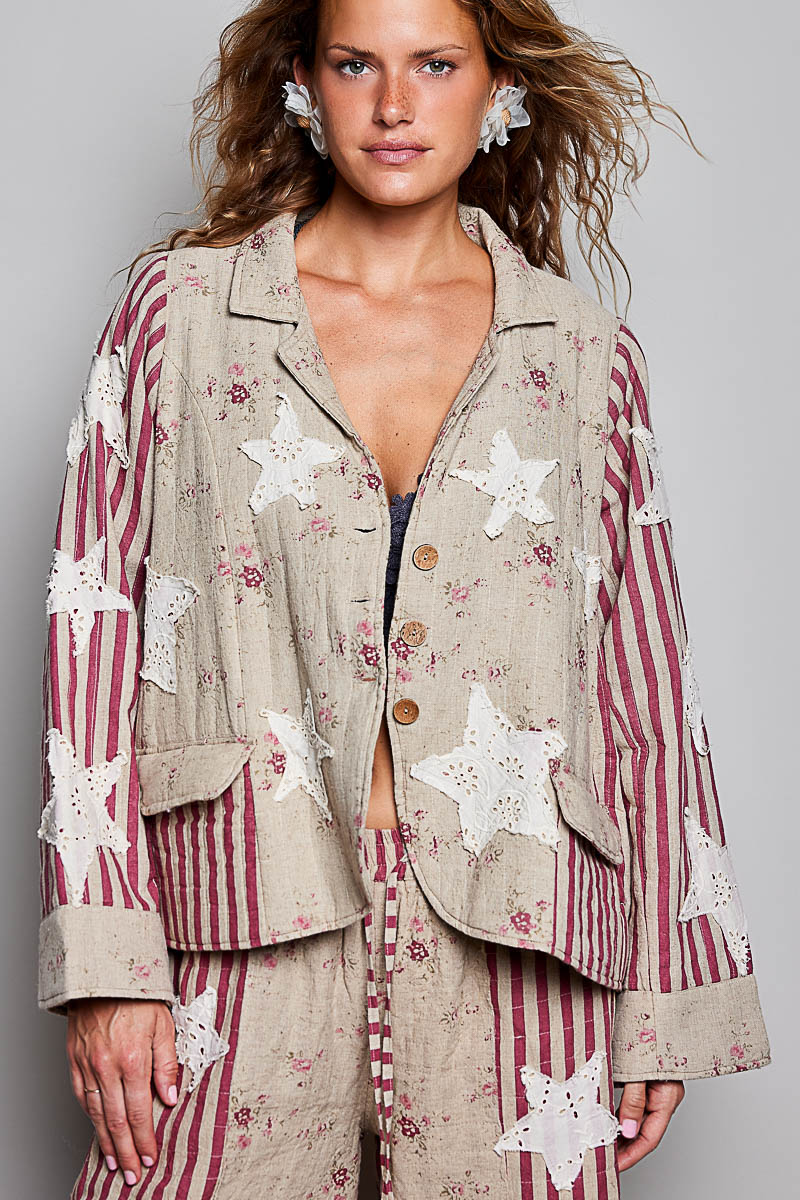 PREORDER - Shoot for the Stars Striped Sleeves Handcrafted Quilted Patchwork Woven Jacket