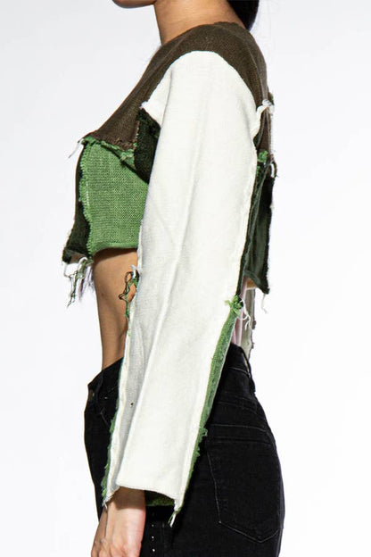 Raw Edge Color Block Cropped Knit Sweater
