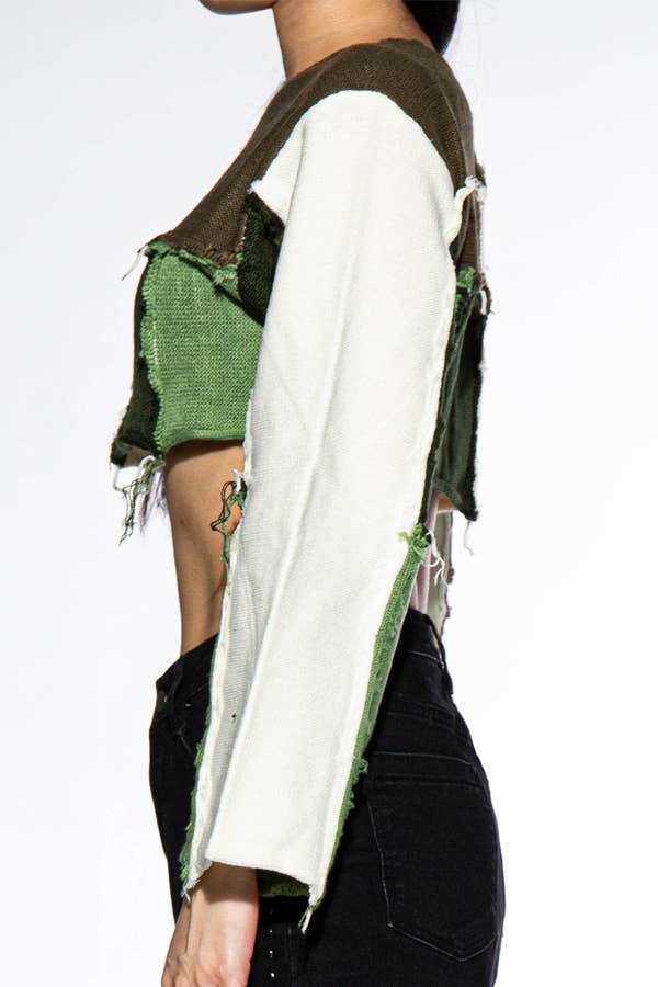 Raw Edge Color Block Cropped Knit Sweater