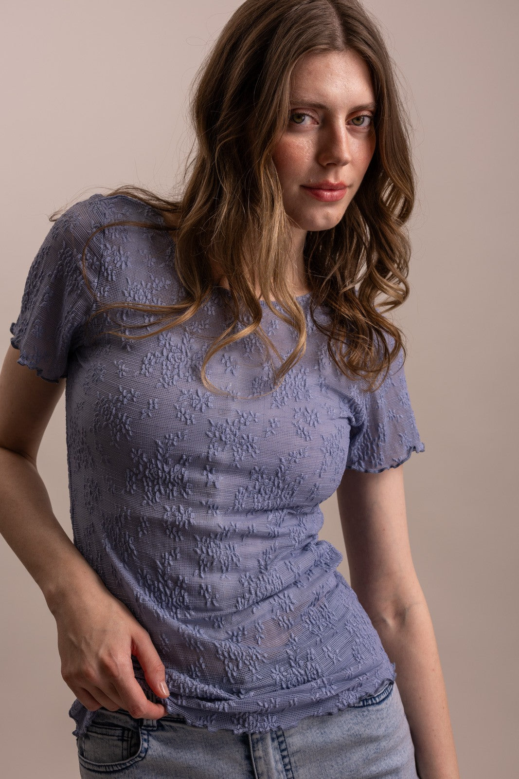 Embroidered Mesh Lace Fitted Short Sleeve Top