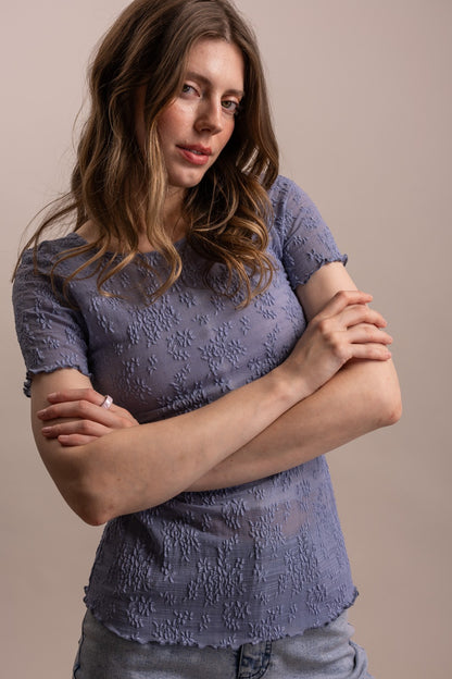 Embroidered Mesh Lace Fitted Short Sleeve Top