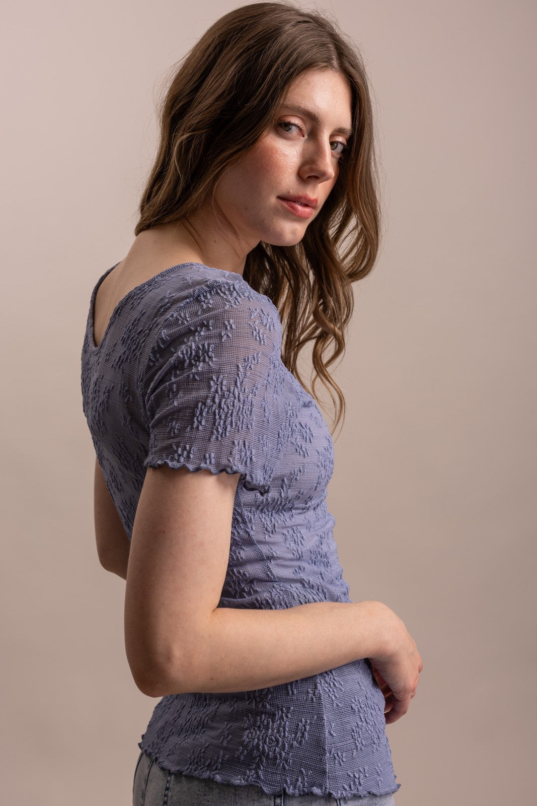 Embroidered Mesh Lace Fitted Short Sleeve Top
