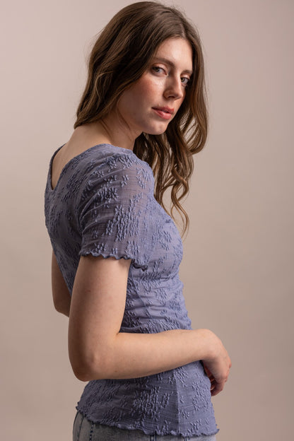 Embroidered Mesh Lace Fitted Short Sleeve Top