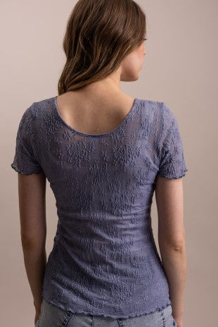 Embroidered Mesh Lace Fitted Short Sleeve Top