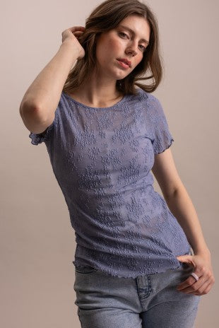 Embroidered Mesh Lace Fitted Short Sleeve Top