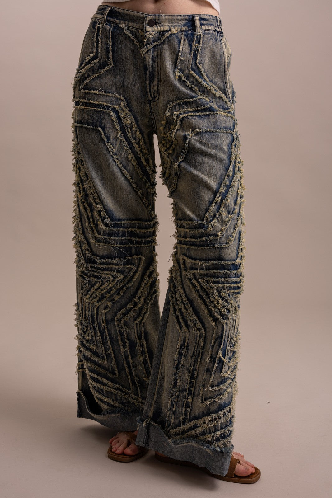 Stunner Wide Leg Denim Star Patched Pants