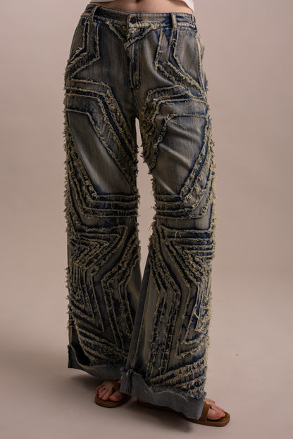 Stunner Wide Leg Denim Star Patched Pants