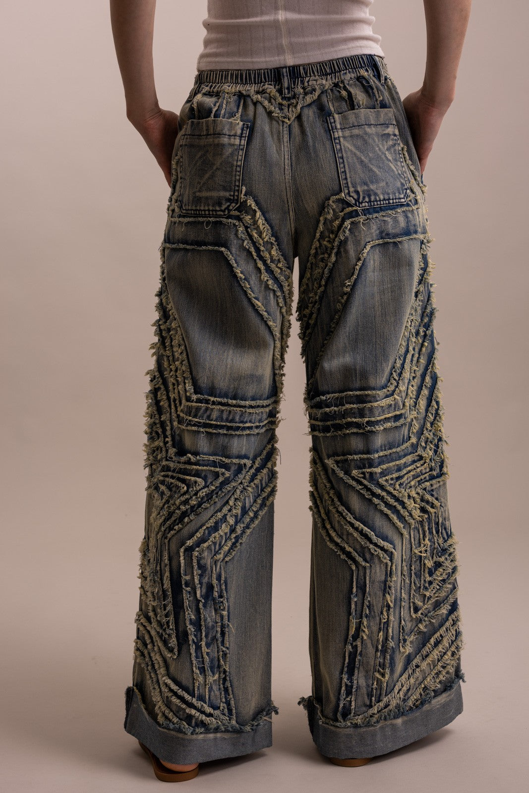 Stunner Wide Leg Denim Star Patched Pants