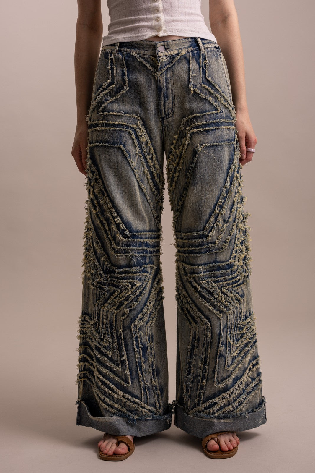Stunner Wide Leg Denim Star Patched Pants