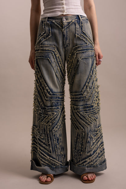 Stunner Wide Leg Denim Star Patched Pants