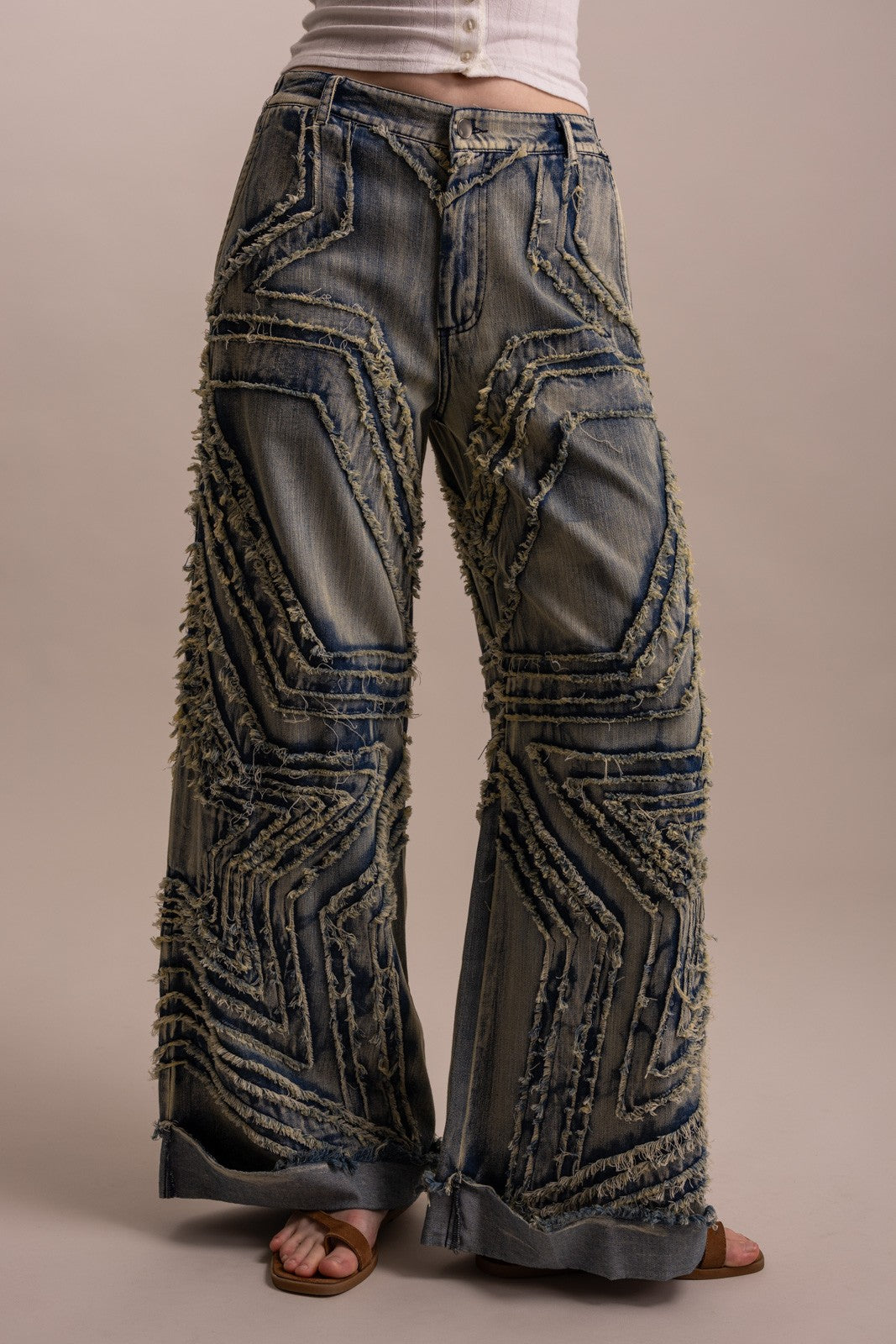 Stunner Wide Leg Denim Star Patched Pants