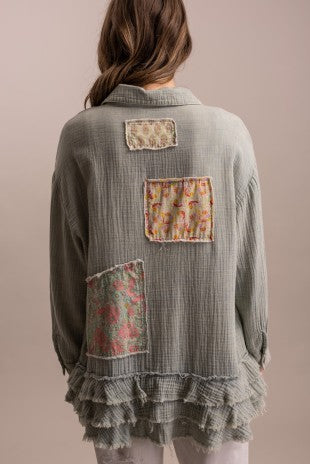 Patchwork Ruffle Hem Button Up Shirt