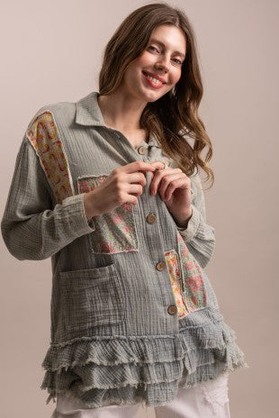Patchwork Ruffle Hem Button Up Shirt