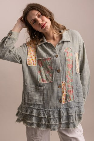 Patchwork Ruffle Hem Button Up Shirt