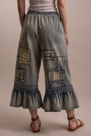Embroidery Patchwork Ruffle Hem Cropped Pants