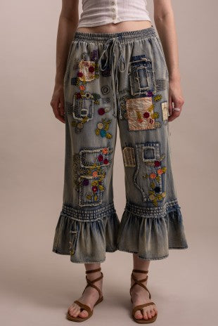 Embroidery Patchwork Ruffle Hem Cropped Pants
