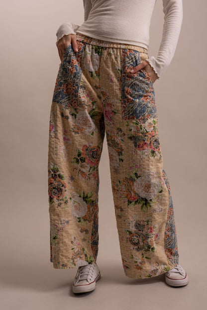 Wide Leg Kantha Patchwork Floral Mix Pants