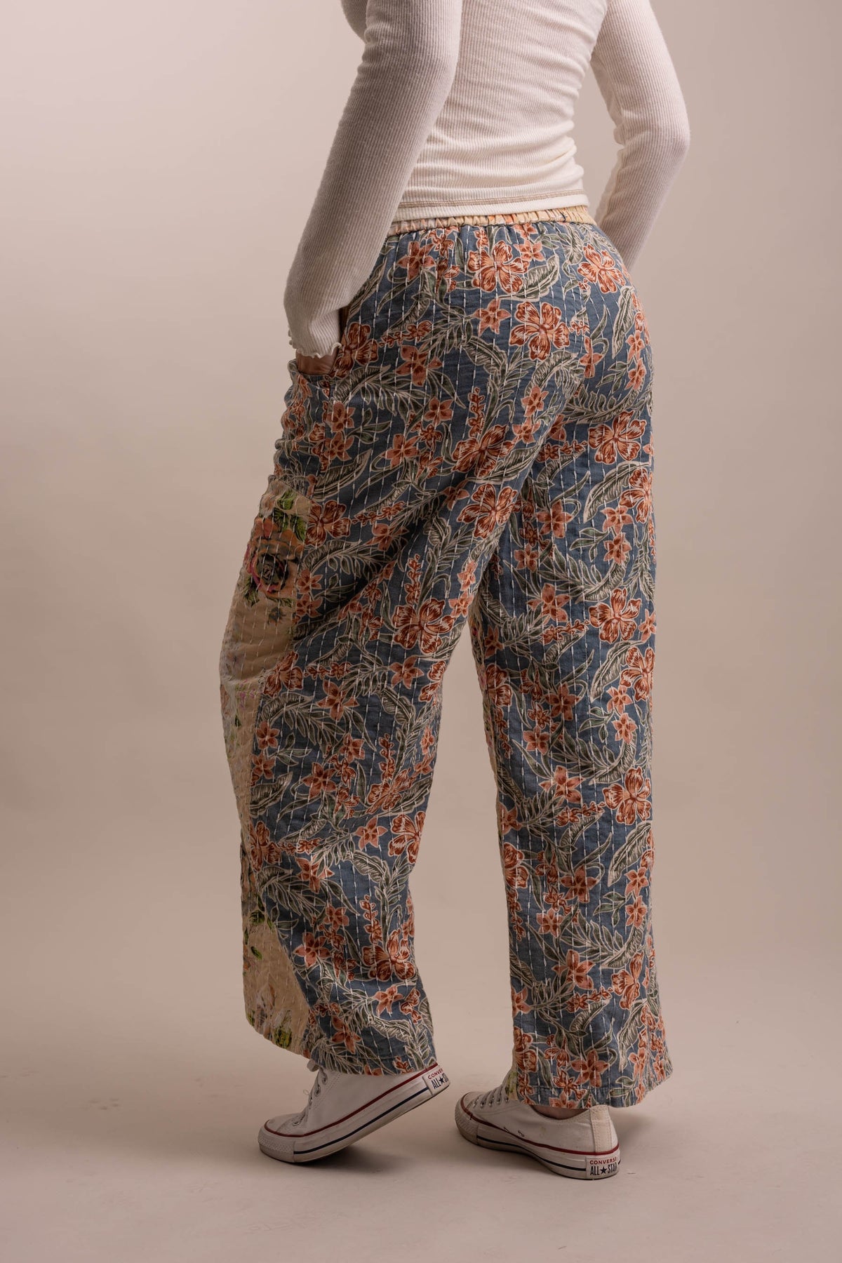 Wide Leg Kantha Patchwork Floral Mix Pants