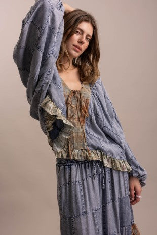 Patchwork Ruffle Hem Batwing Long- Sleeve Blouse