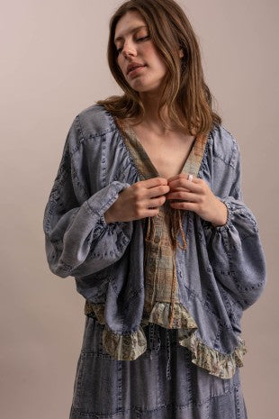 Patchwork Ruffle Hem Batwing Long- Sleeve Blouse