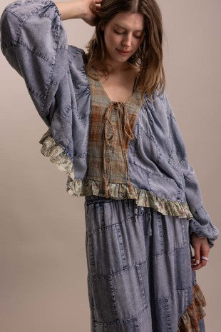 Patchwork Ruffle Hem Batwing Long- Sleeve Blouse
