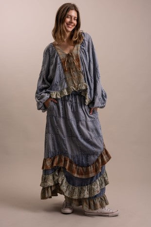 Patchwork Ruffle Hem Batwing Long- Sleeve Blouse