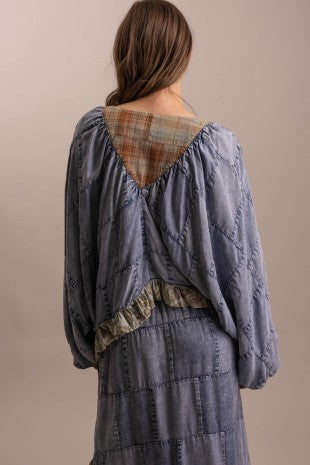 Patchwork Ruffle Hem Batwing Long- Sleeve Blouse