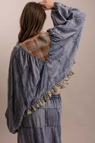 Patchwork Ruffle Hem Batwing Long- Sleeve Blouse
