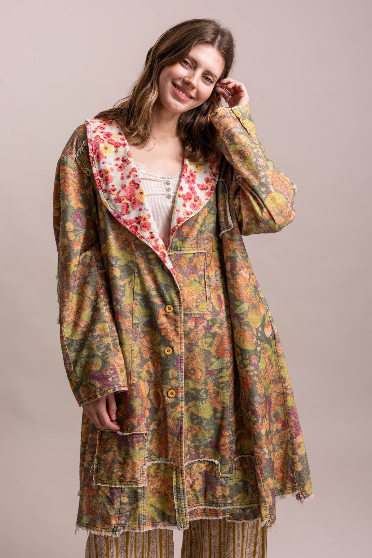 Oversized Patchwork Button Down Coat