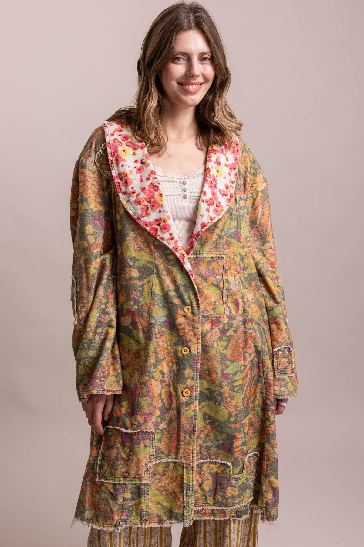 Oversized Patchwork Button Down Coat