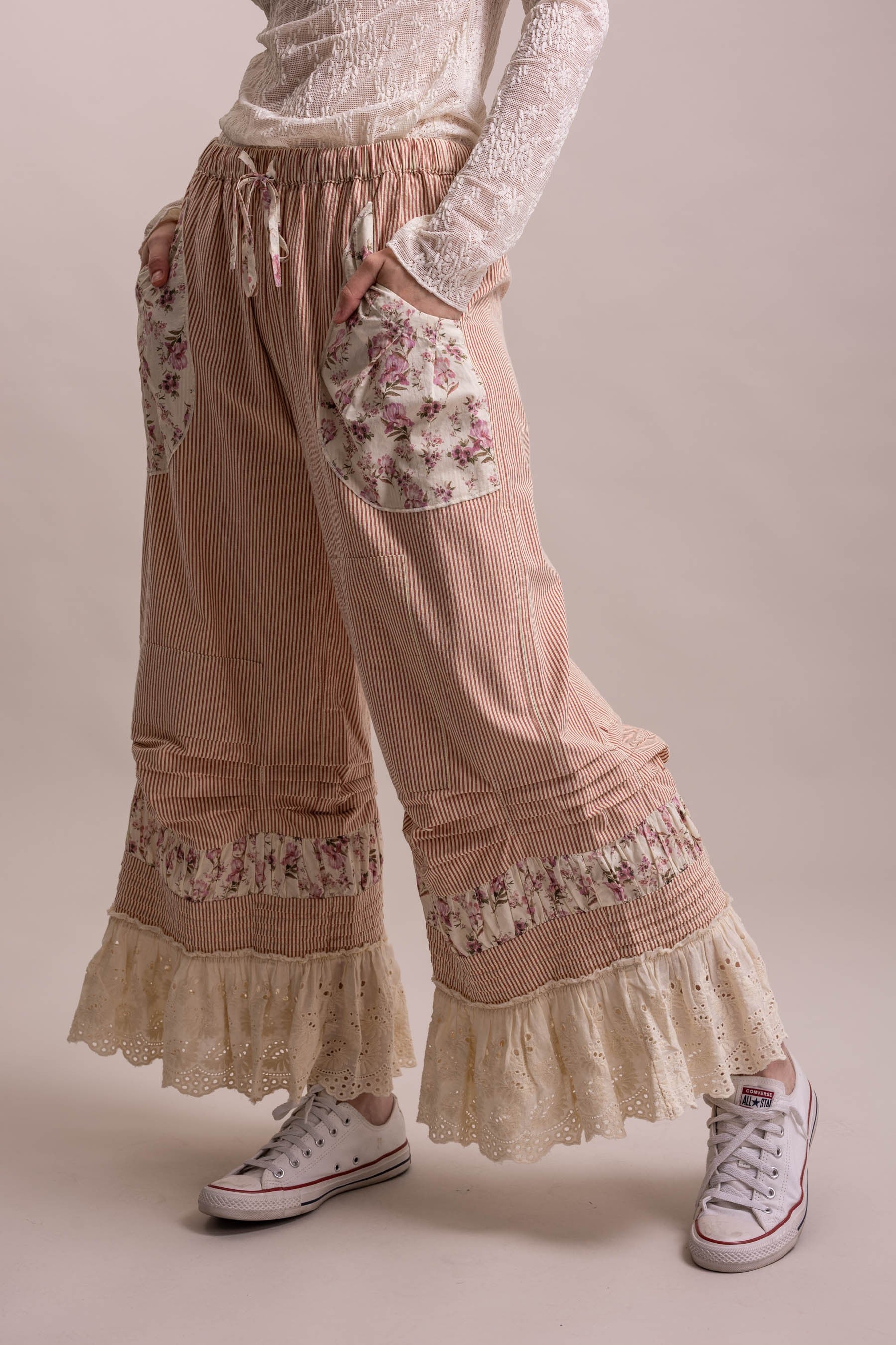 Striped Cinched Ruffle Hem Bloomer Pants