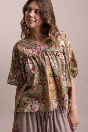 Floral Print Patchwork V Neck Loose Fit Top