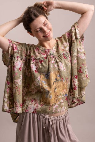 Floral Print Patchwork V Neck Loose Fit Top