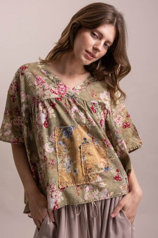 Floral Print Patchwork V Neck Loose Fit Top