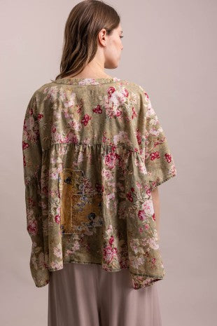 Floral Print Patchwork V Neck Loose Fit Top