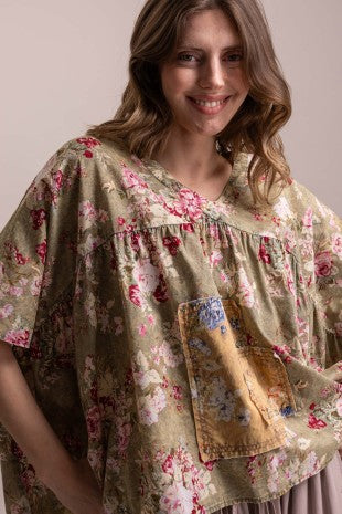 Floral Print Patchwork V Neck Loose Fit Top