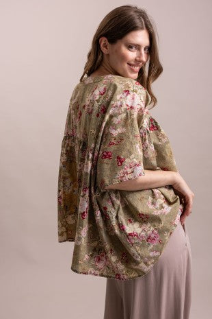 Floral Print Patchwork V Neck Loose Fit Top