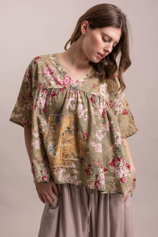 Floral Print Patchwork V Neck Loose Fit Top