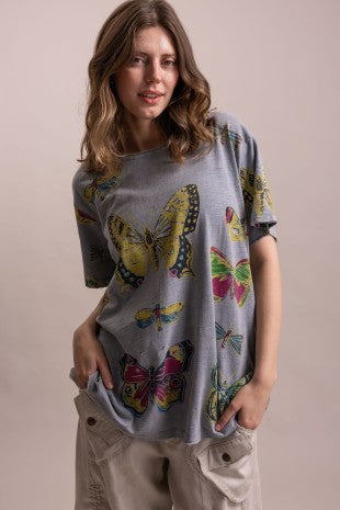 Short Sleeve Round Neck Butterfly Print Oversized Shirt