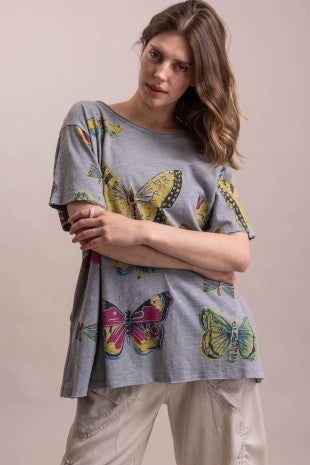 Short Sleeve Round Neck Butterfly Print Oversized Shirt
