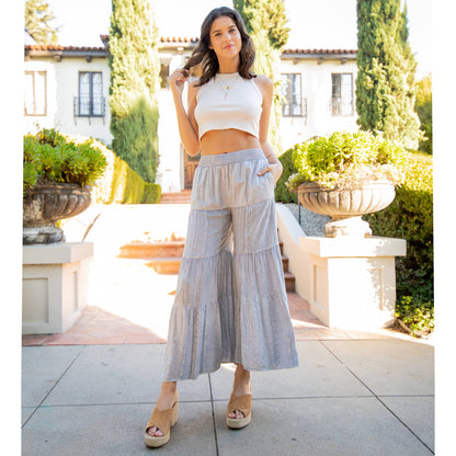 Embroidered Patchwork Tiered Flared Pants