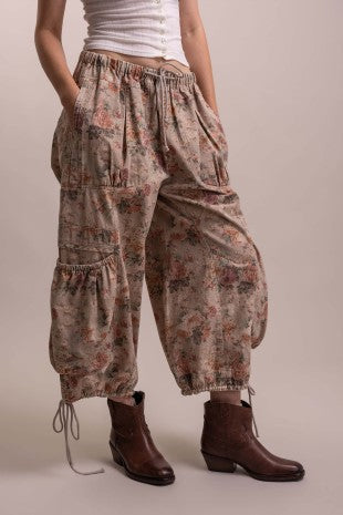 Floral Print Parachute Wide Leg Cargo Pants