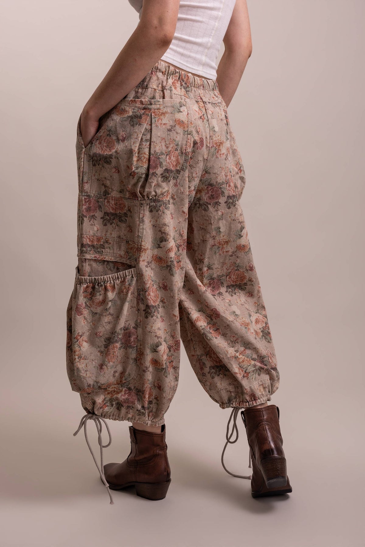 Floral Print Parachute Wide Leg Cargo Pants